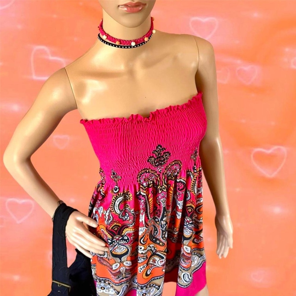 Y2K Vibrant Colorful Paisley Strapless Summer Dress - Picture 4 of 5